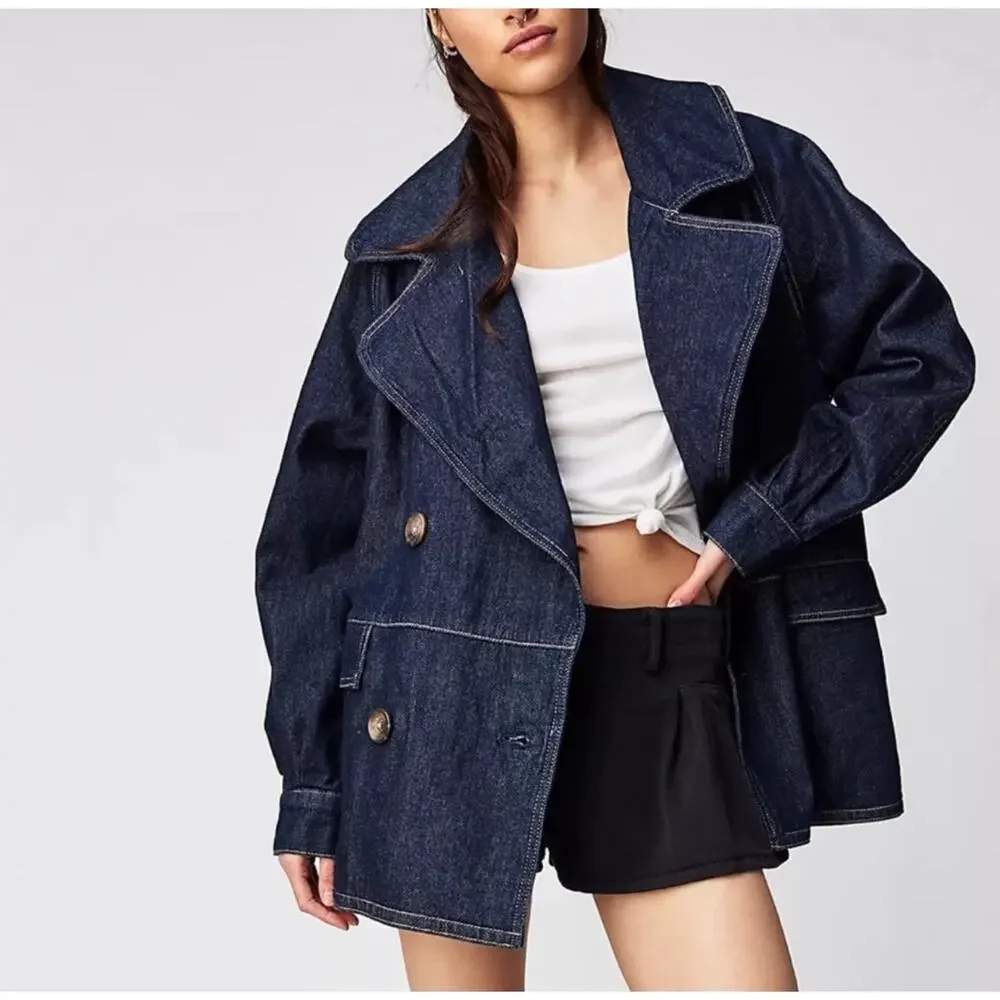 $248 Free People Denim Pea Coat Size S - Picture 1 of 4